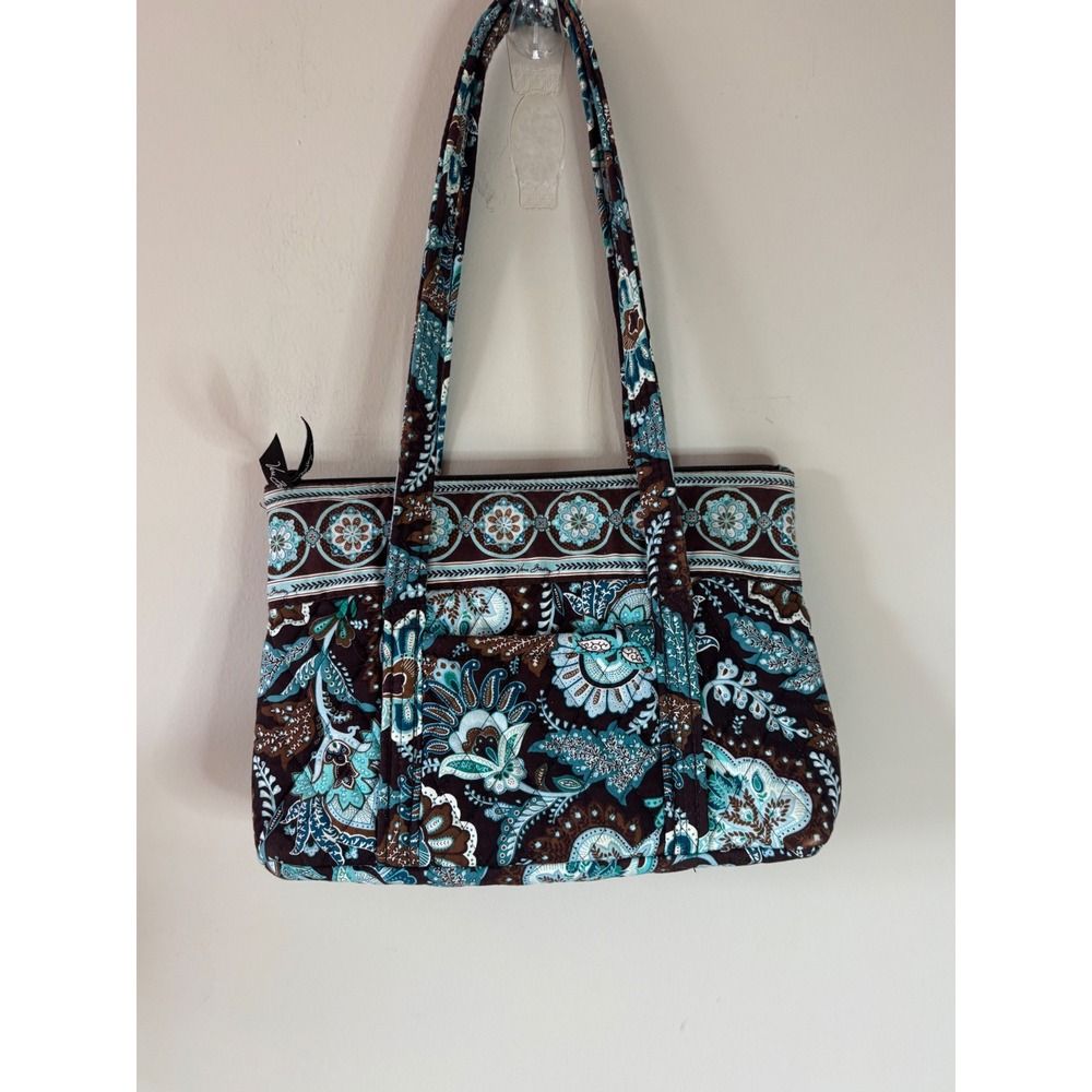 Vera Bradley Quilted Cotton Tote Bag Java Blue  Retired Brown Floral Paisley